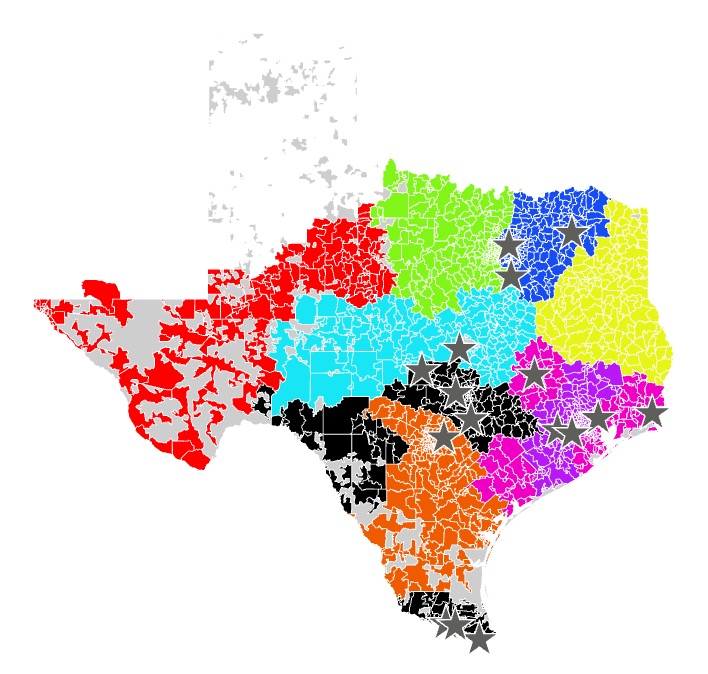 Map of the United States with regions color-coded and multiple stars marking specific locations.